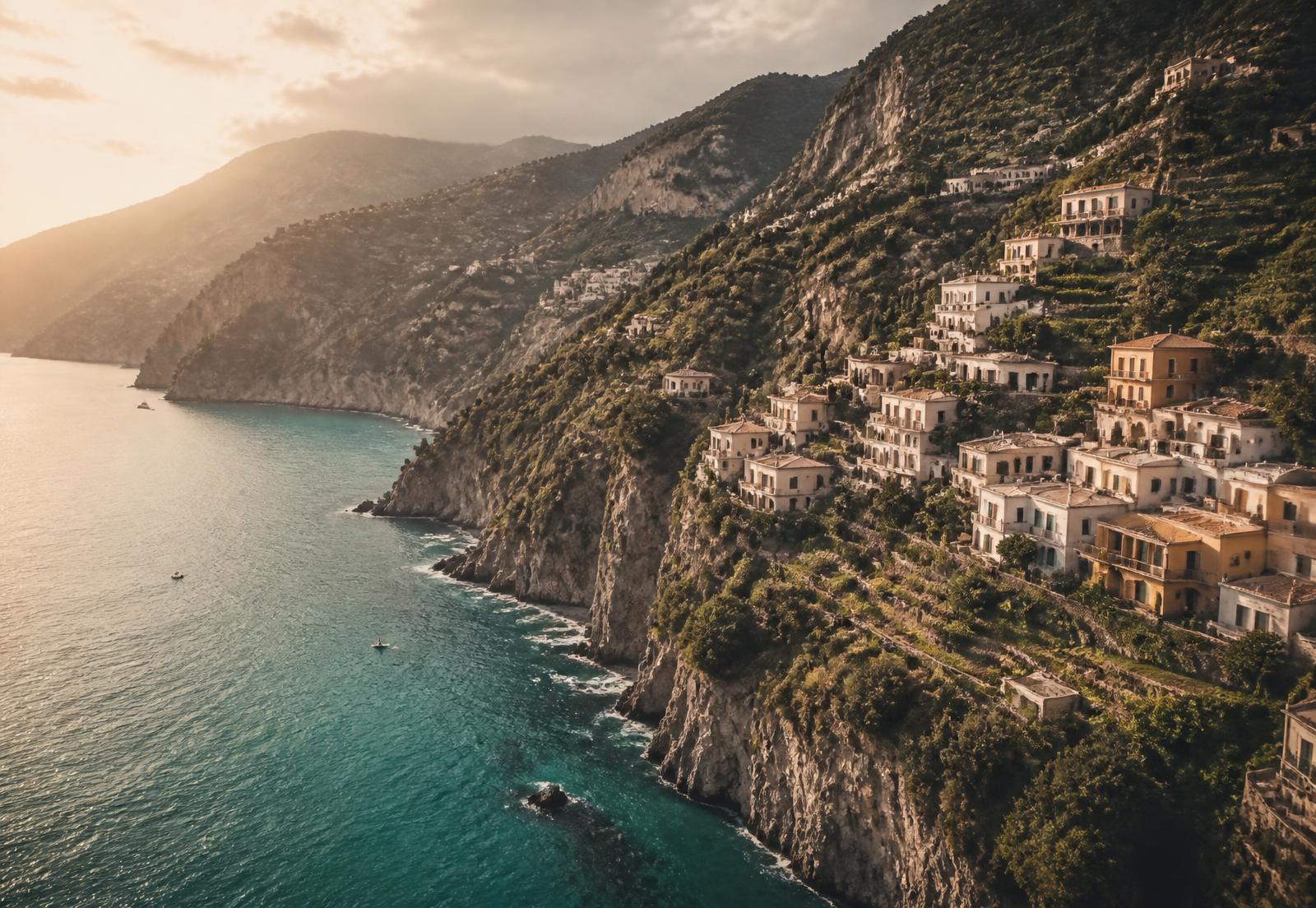 Aerial view of a cliffside coastal village at golden hour